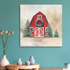 Red Barn with Wreath Canvas Art Print Christmas Art & Wall Decor