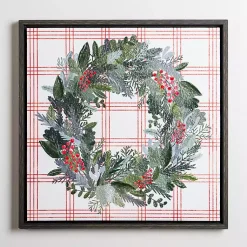 New Red Berry Wreath and Windowpane Canvas Art Print Christmas Art & Wall Decor