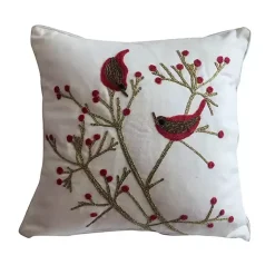 Discount Red Birds and Berries Embroidered Christmas Pillow Christmas Pillows