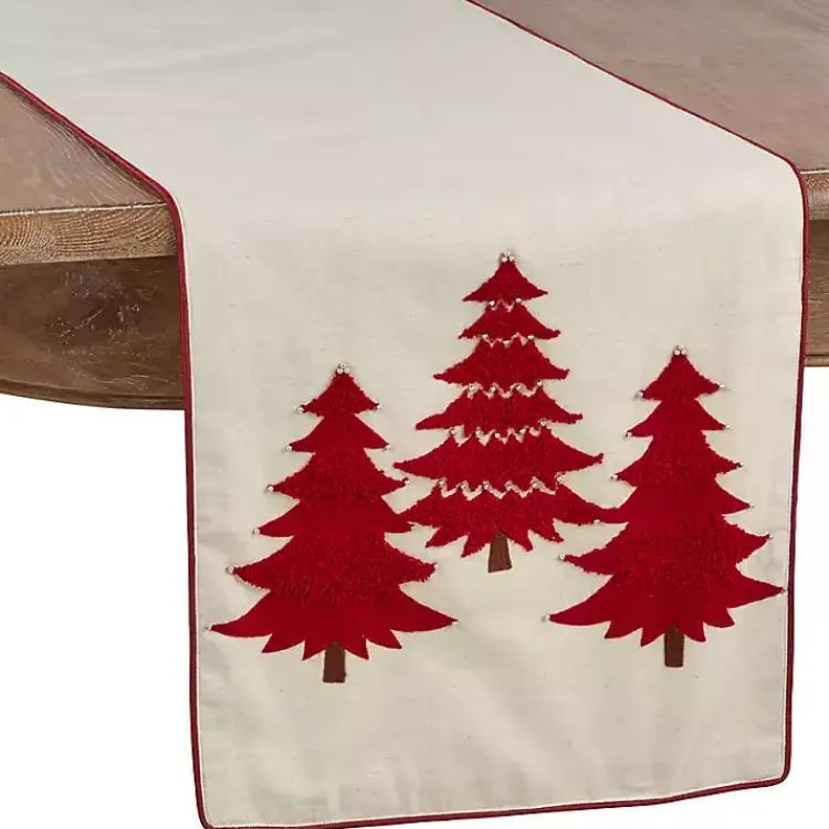 Kirklands Home Table Linens|Red Embroidered Christmas Trees Table Runner
