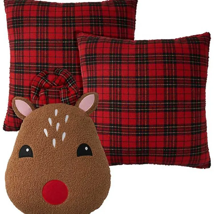Red Plaid and Reindeer Pillows, Set of 3 Christmas Pillows