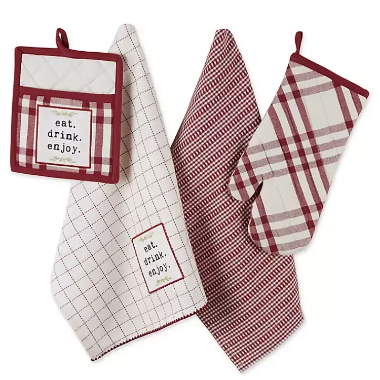 Kirklands Home Kitchen Accessories|Red Plaid Eat Drink Enjoy 4-pc. Dish Towel Set