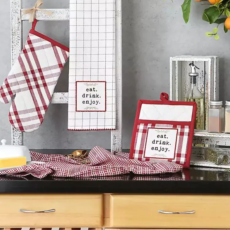 Kirklands Home Kitchen Accessories|Red Plaid Eat Drink Enjoy 4-pc. Dish Towel Set