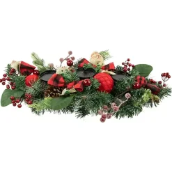 Red Plaid Ornaments and Pine Candle Centerpiece Arrangements & Greenery