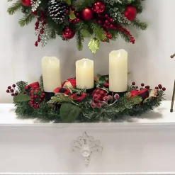 Red Plaid Ornaments and Pine Candle Centerpiece Arrangements & Greenery