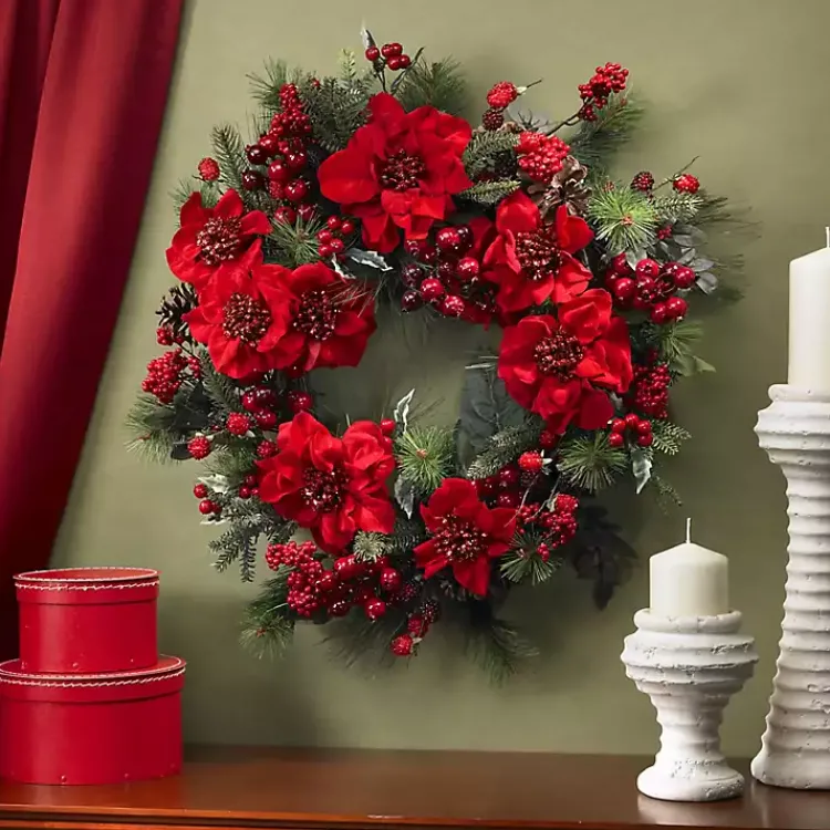 New Poinsettia and Berry Wreath Christmas Wreaths