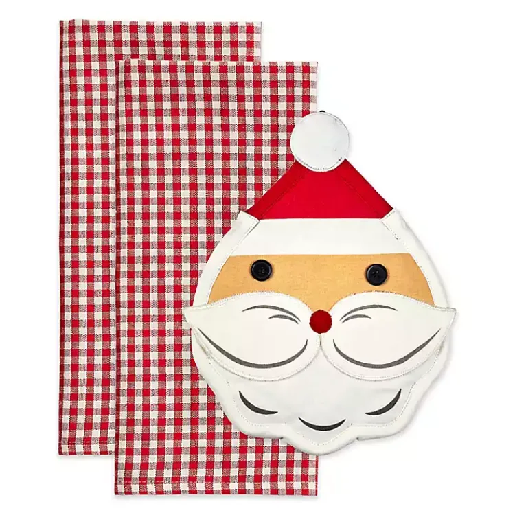 New Red Santa Gingham 3-pc. Dishtowel & Potholder Set Christmas Dining & Entertaining