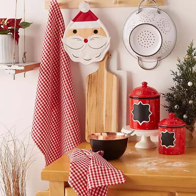 New Red Santa Gingham 3-pc. Dishtowel & Potholder Set Christmas Dining & Entertaining