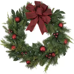 New Red Velvet Ribbon and Ornaments Pre-Lit Wreath Wreaths