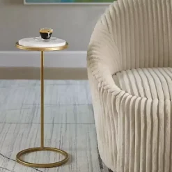 Kirklands Home Accent & End Tables|Round Aged and Marble Accent Table Gold