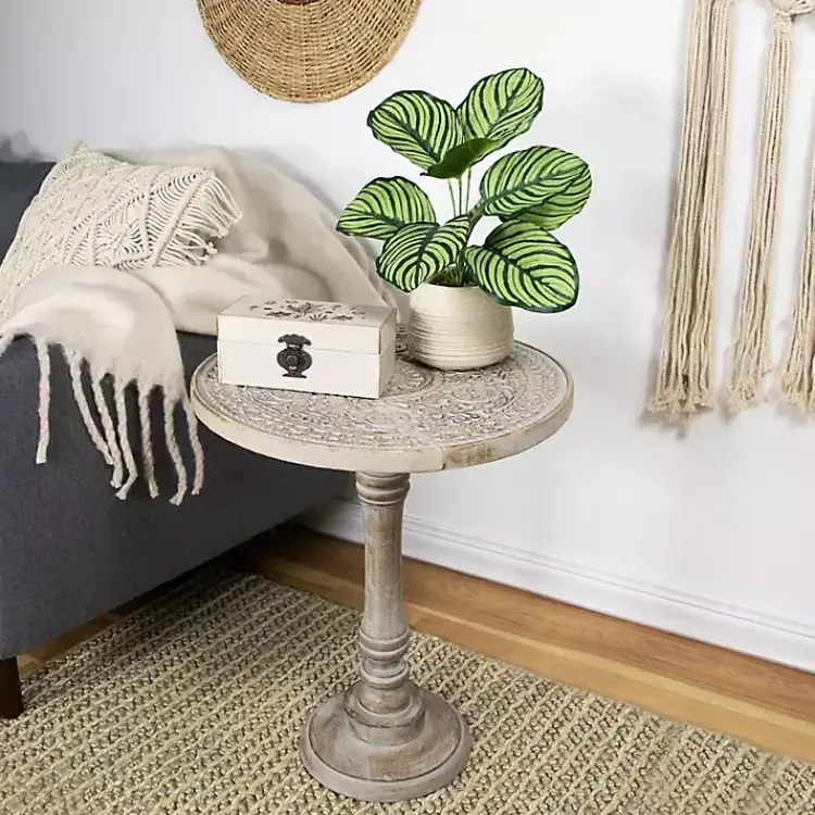 Kirklands Home Accent & End Tables|Round Antique Etched Pedestal Accent Table Gray