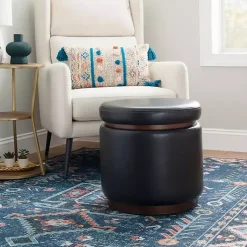Kirklands Home Benches & Ottomans|Round Faux Leather Storage Ottoman Black