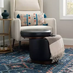 Kirklands Home Benches & Ottomans|Round Faux Leather Storage Ottoman Black