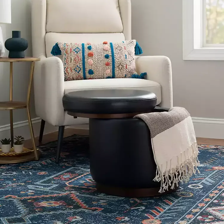 Kirklands Home Benches & Ottomans|Round Faux Leather Storage Ottoman Black