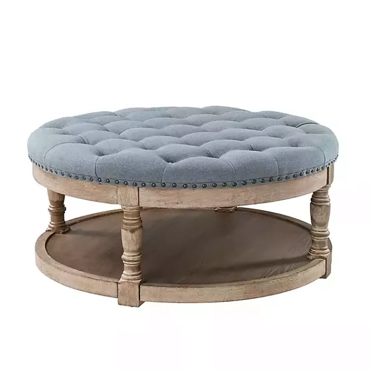 Kirklands Home Benches & Ottomans|Round Cepheus Tufted Ottoman Blue