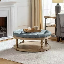 Kirklands Home Benches & Ottomans|Round Cepheus Tufted Ottoman Blue