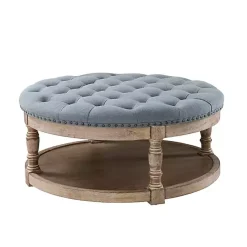 Kirklands Home Benches & Ottomans|Round Cepheus Tufted Ottoman Blue