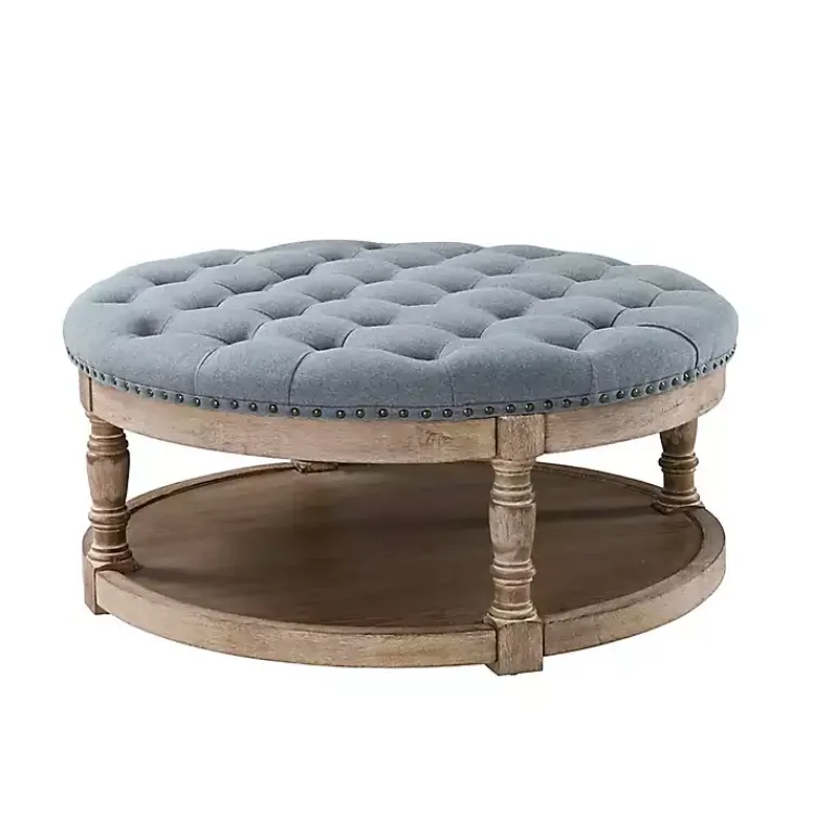 Kirklands Home Benches & Ottomans|Round Cepheus Tufted Ottoman Blue