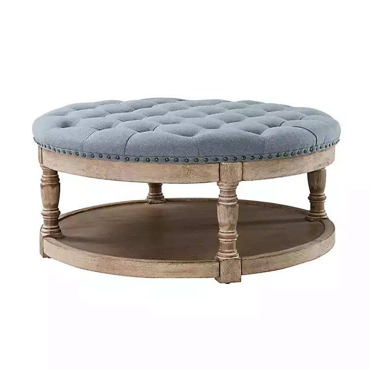 Kirklands Home Benches & Ottomans|Round Cepheus Tufted Ottoman Blue