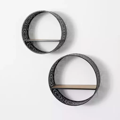 Kirklands Home Shelves|Round Boho Black Metal Wall Shelves, Set of 2