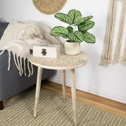 Kirklands Home Accent & End Tables|Round Brushed White Engraved Accent Table