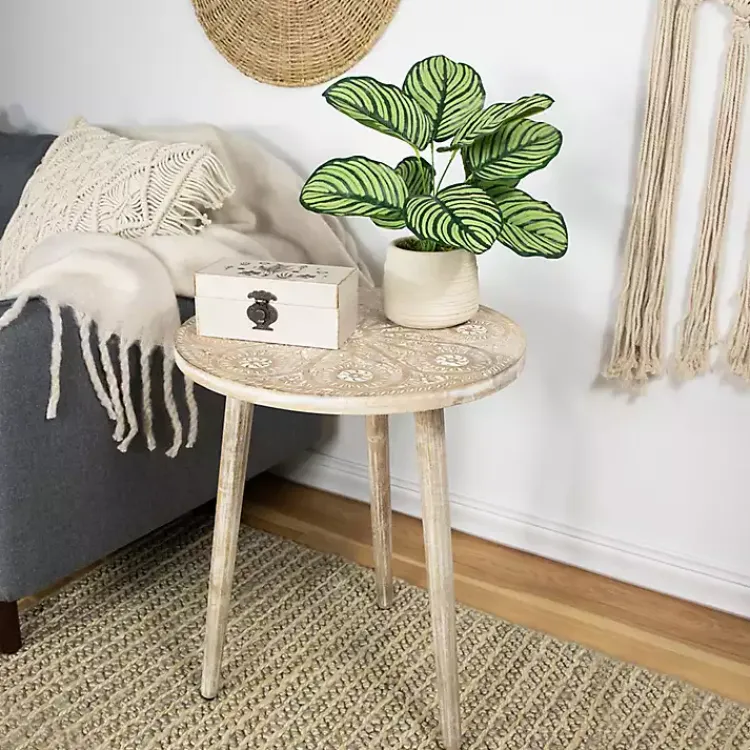 Kirklands Home Accent & End Tables|Round Brushed White Engraved Accent Table