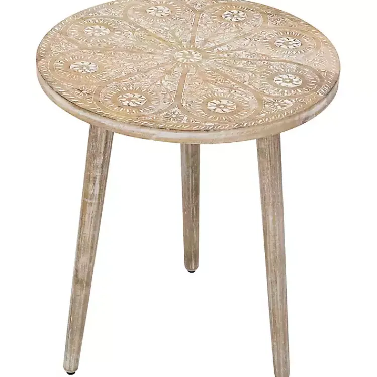Kirklands Home Accent & End Tables|Round Brushed White Engraved Accent Table