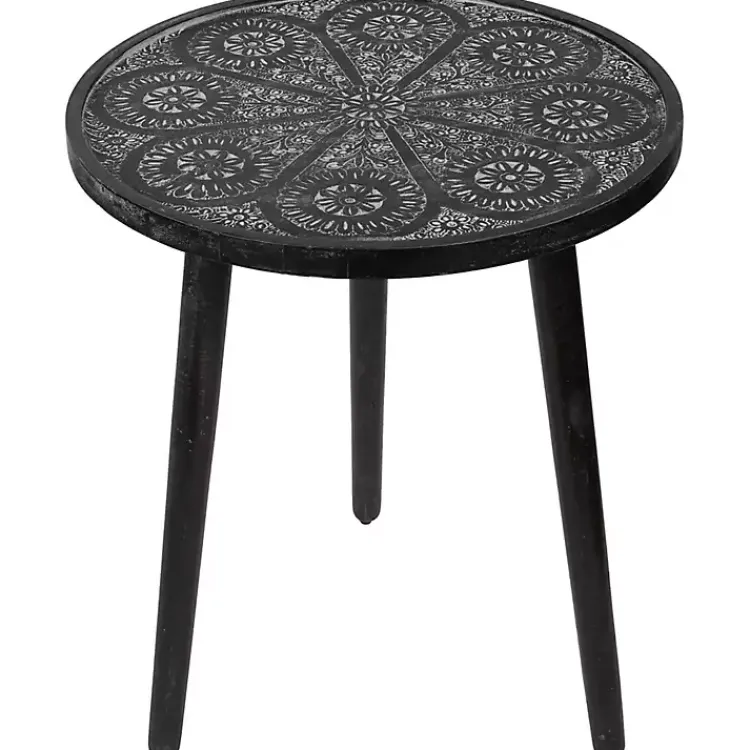 Kirklands Home Accent & End Tables|Round Charcoal Floral Engraved Accent Table Black