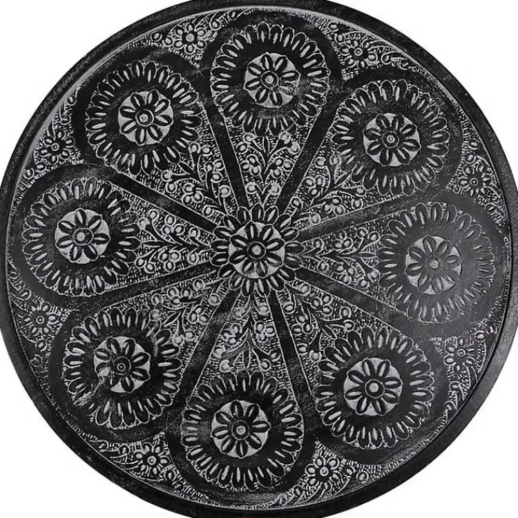 Kirklands Home Accent & End Tables|Round Charcoal Floral Engraved Accent Table Black