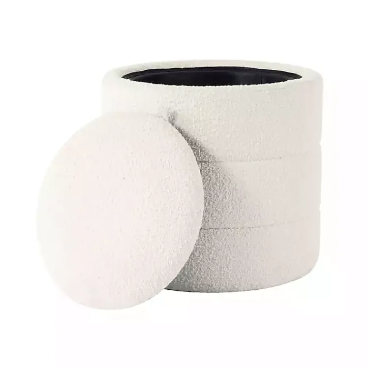 Kirklands Home Benches & Ottomans|Round Cream Boucle Storage Ottoman Ivory