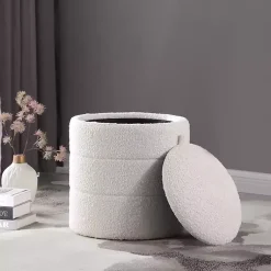 Kirklands Home Benches & Ottomans|Round Cream Boucle Storage Ottoman Ivory