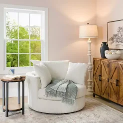 Kirklands Home Accent Chairs|Round Cream Boucle Swivel Accent Chair Ivory