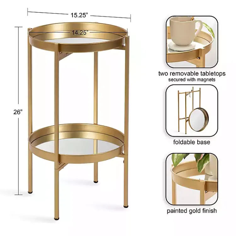 Kirklands Home Accent & End Tables|Round Mirrored Foldable Accent Table Gold