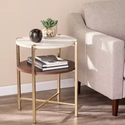 Kirklands Home Accent & End Tables|Round Gold 2-Tier Accent Table White