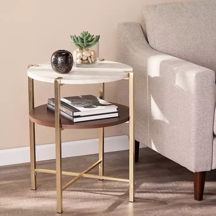 Kirklands Home Accent & End Tables|Round Gold 2-Tier Accent Table White
