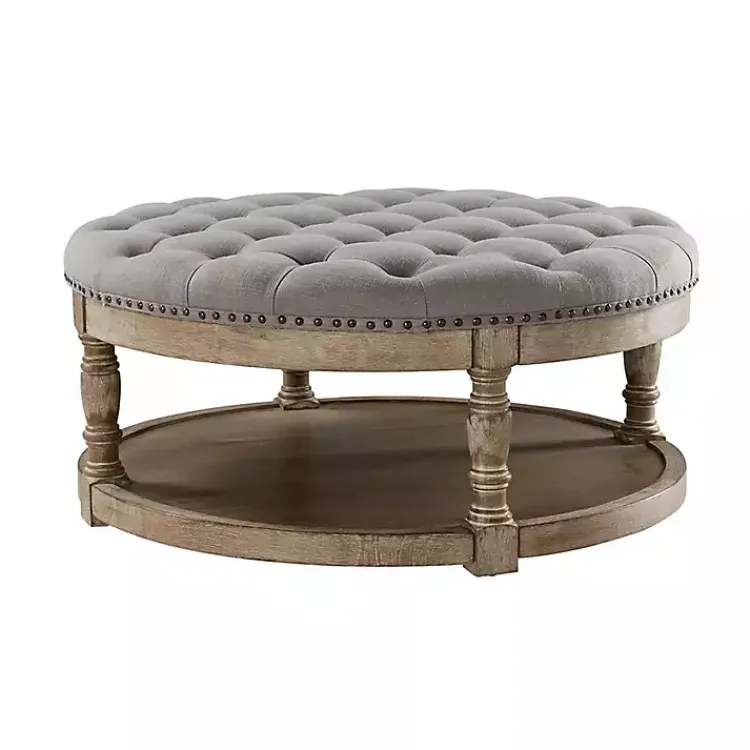 Kirklands Home Benches & Ottomans|Round Cepheus Tufted Ottoman Gray