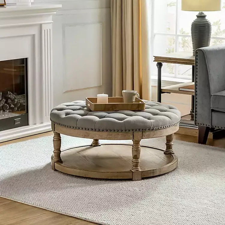 Kirklands Home Benches & Ottomans|Round Cepheus Tufted Ottoman Gray