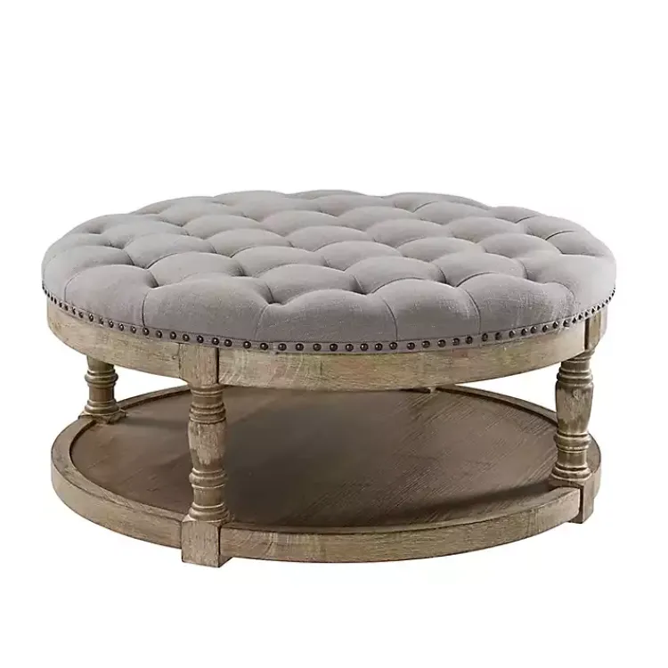 Kirklands Home Benches & Ottomans|Round Cepheus Tufted Ottoman Gray