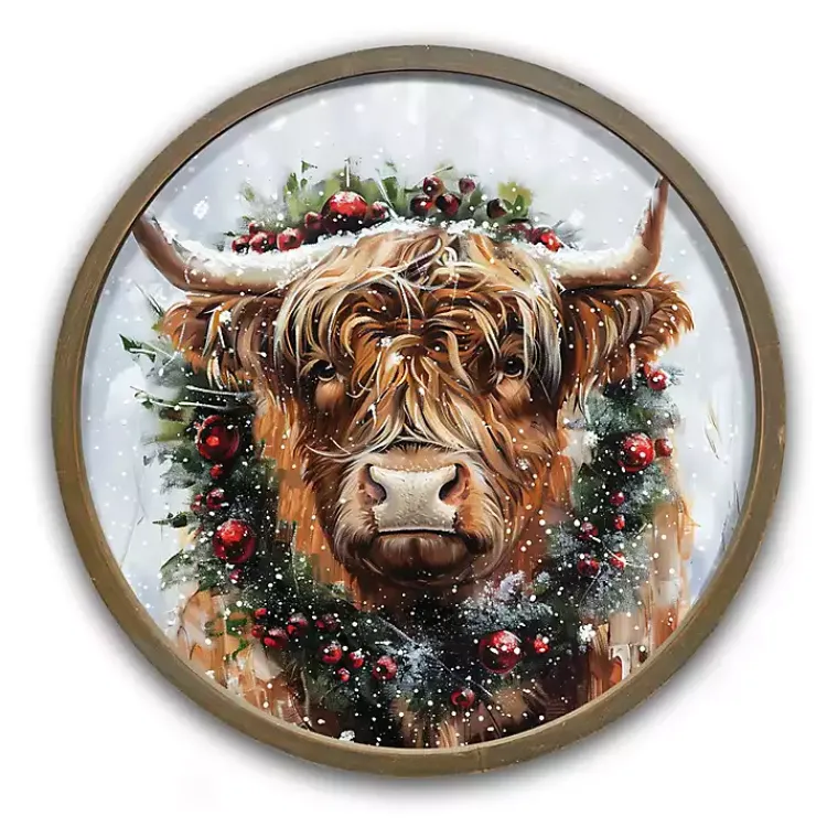 Best Round Highland Cow Christmas Framed Art Print Christmas Art & Wall Decor
