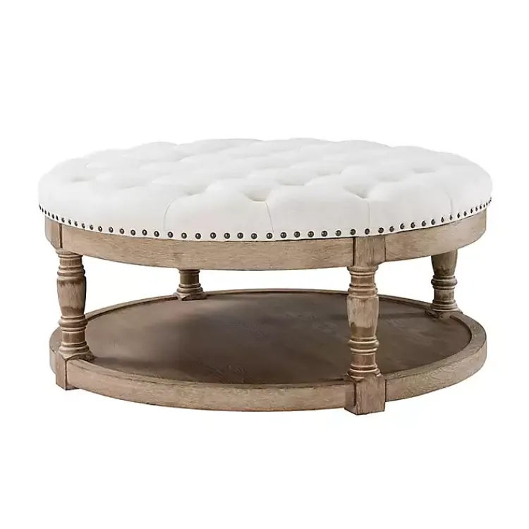 Kirklands Home Benches & Ottomans|Round Cepheus Tufted Ottoman Ivory