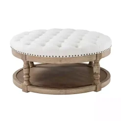 Kirklands Home Benches & Ottomans|Round Cepheus Tufted Ottoman Ivory