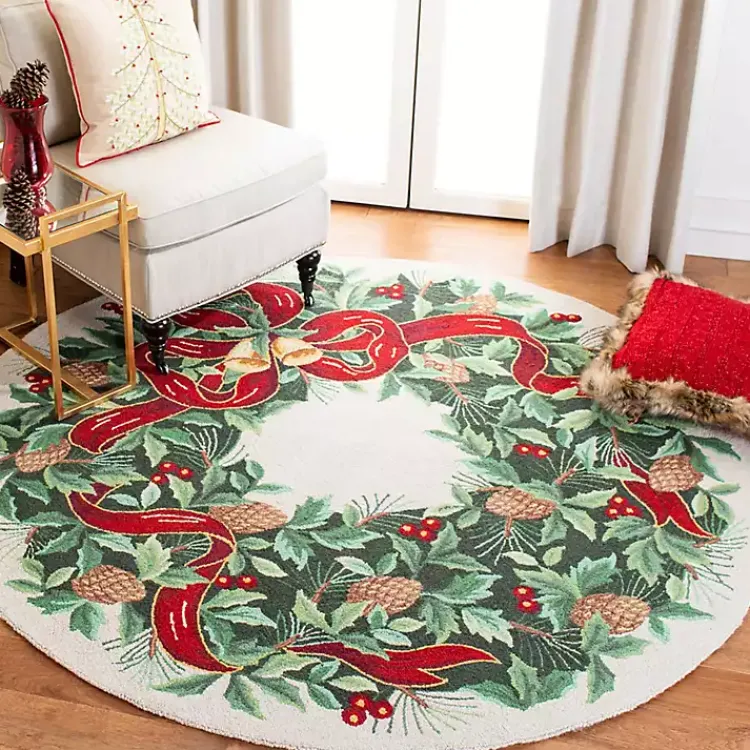 Outlet Round Ivory Vintage Poster Hooked Accent Rug Christmas Decorations