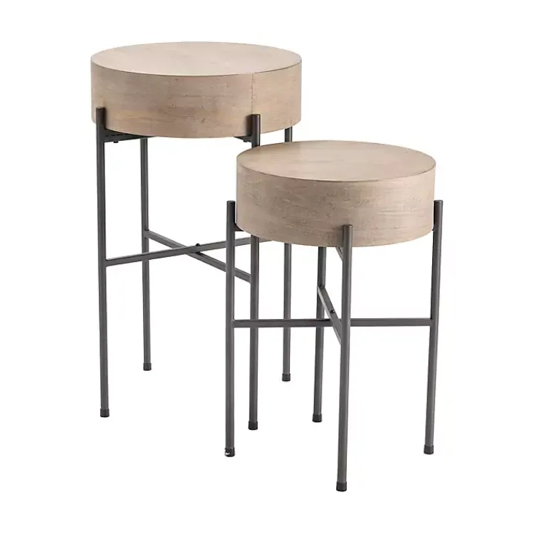 Kirklands Home Accent & End Tables|Round Light Wood and Metal Accent Tables, Set of 2 Tan