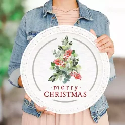 Online Round Merry Christmas Holly Tree Wall Plaque Christmas Art & Wall Decor