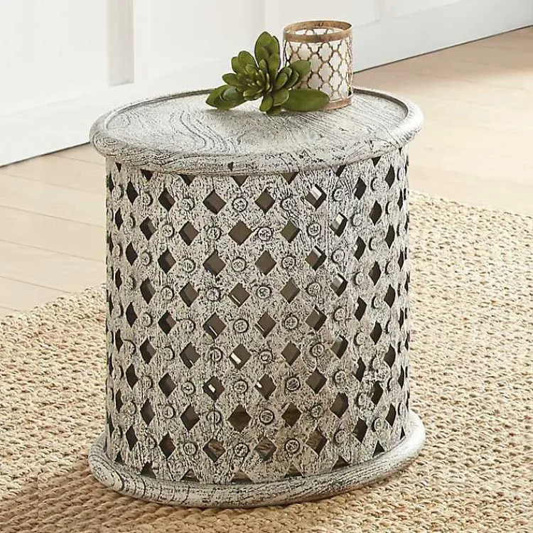Kirklands Home Accent & End Tables|Round White Wood Lattice Accent Table