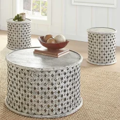 Kirklands Home Accent & End Tables|Round White Wood Lattice Accent Table