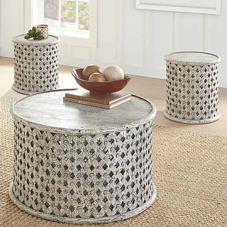 Kirklands Home Accent & End Tables|Round White Wood Lattice Accent Table