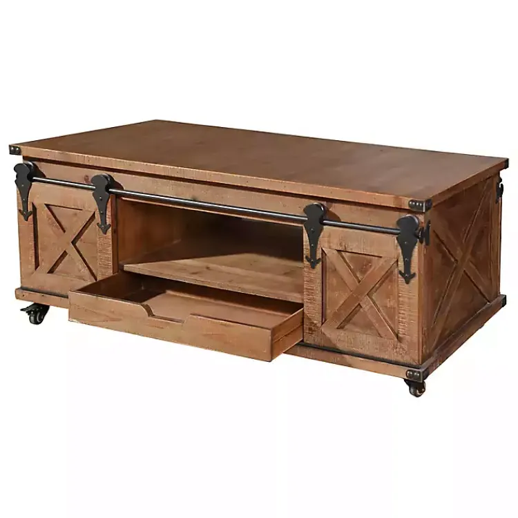 Kirklands Home Coffee Tables|Rustic Fir Wood Rolling Barn Door Coffee Table Tan