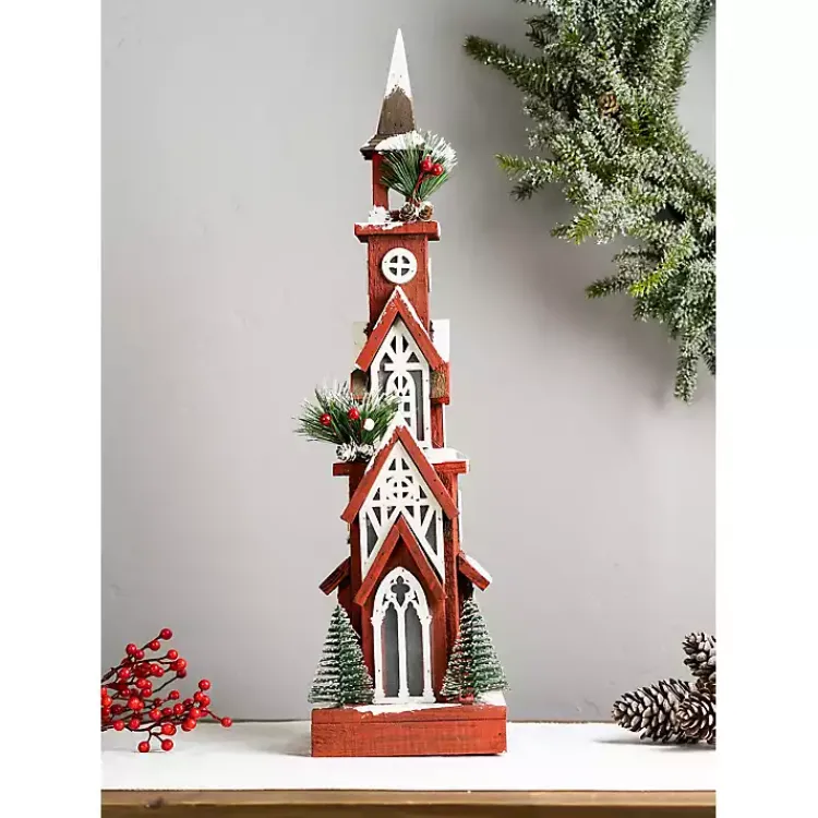Clearance Rustic Red Christmastime Church Statue, 24 in. Christmas Decorations