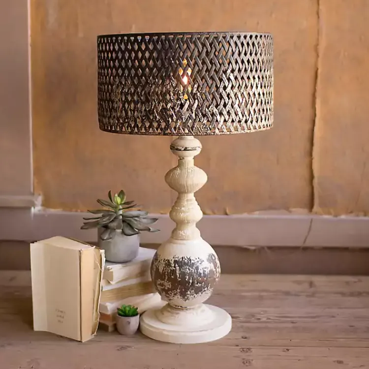 Kirklands Home Table Lamps|Rustic White Table Lamp with Woven Metal Shade Brown